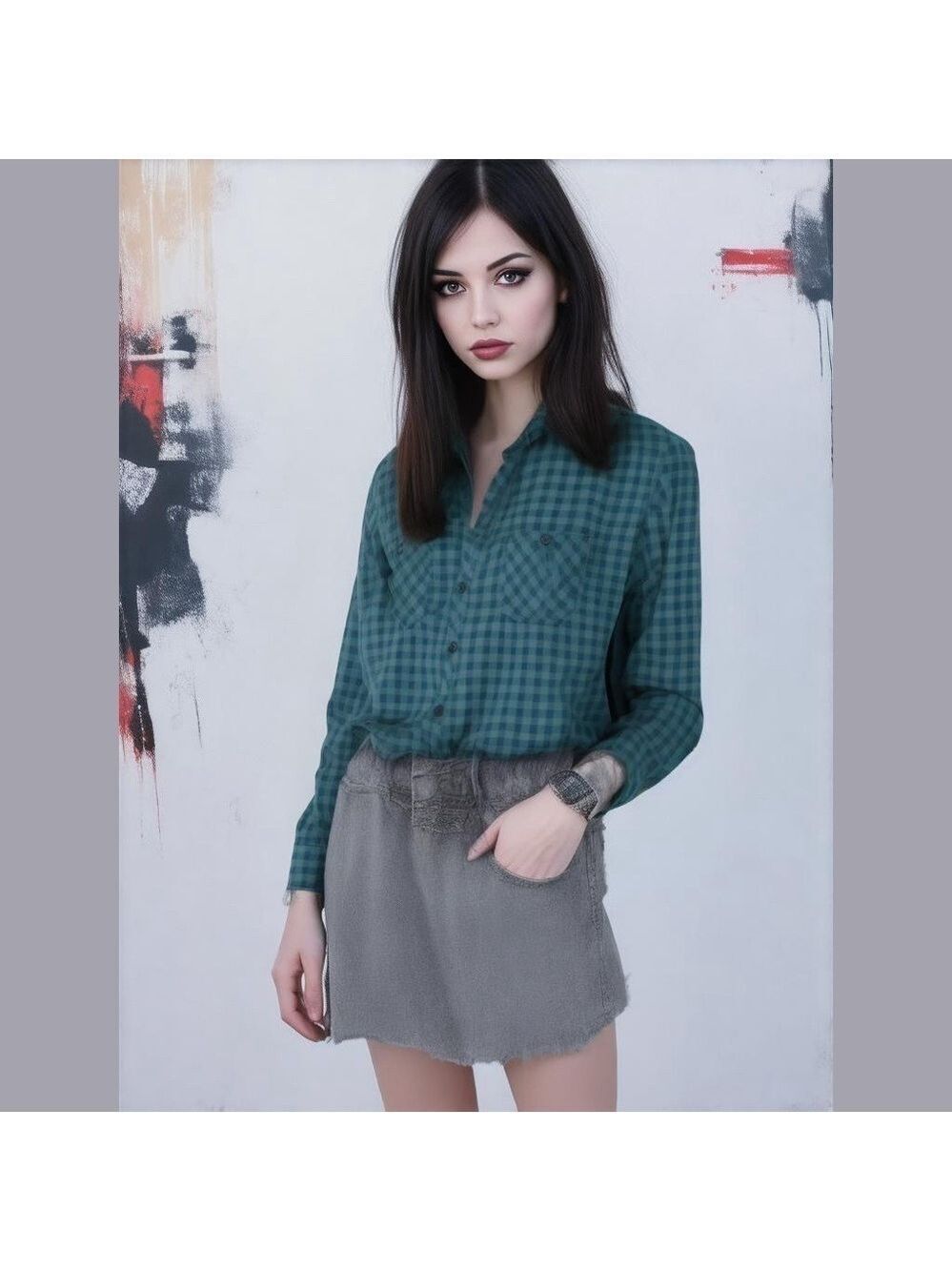 Hot Topic button front green black checkered long sleeve shirt size medium